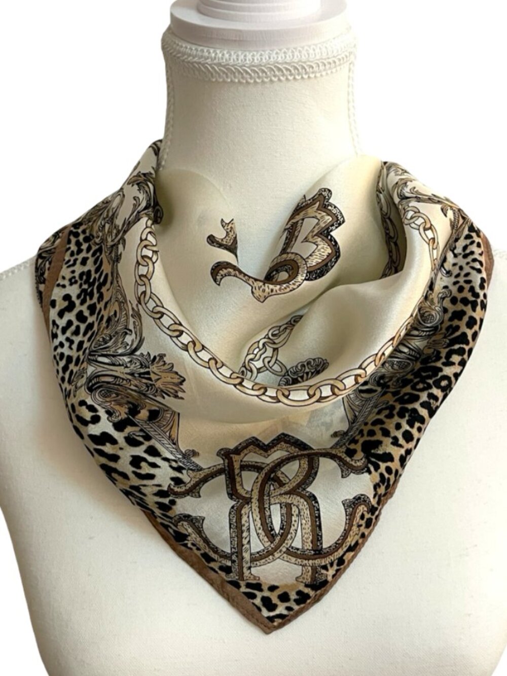 Elegant 100% Silk Leopard Print Square Scarf Baroque Neutral Tones 21” x 21”